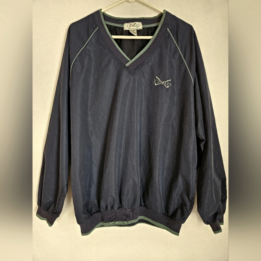 Izod Men's M Vneck golf pull on windbreaker navy/green stripes